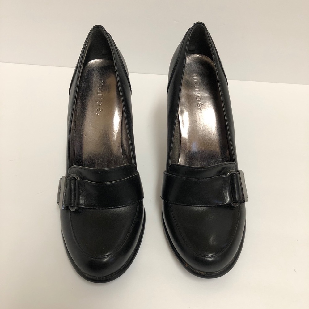 Marine Black Leather Buckle Heels